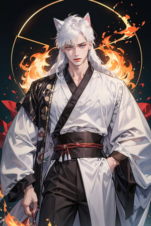 Tomoe, (masterpiece,  best quality,  highres:1.3),  ultra resolution image,  (1Men),  (solo),  ligth white hair,  very_long_hair,  light_blue_eyes, cat_ears, festival odon, fatuo fire, 