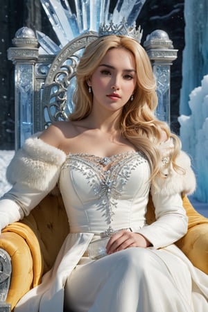 (Masterpiece),  (Best Quality),  (Official Art,  Highly detailed CG unity 8k wallpaper),  (Very detailed),  (((absurdes)),  1 Girl,  Midshot,  (exquisite facial features),  (album cover),  light_yellow_hair,  light_brown_eyes,  large_hair, a crown made of sharp ice, a long winter white dress, long winter white coat, sitting on an ice throne, a polar bear next to her