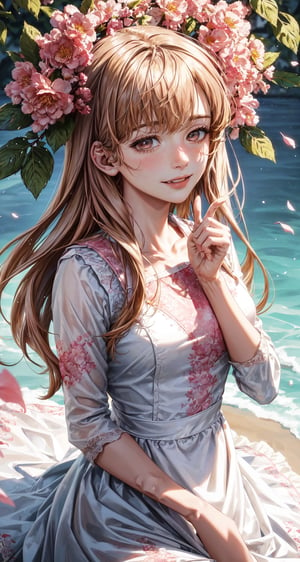 impressionist masterpiece:1.5),  (best quality:1.5),  (detailed face,  detailed eyes,  detailed mouth,  detailed body,  detailed hands,  detailed clothes,  detailed background:1.5),  (masterpiece,  best quality,  highres:1.3),  ultra resolution image,  (1girl),  light_yellow_hair,  light brown eyes, a white dress with ruffles, a white choker with a red thread, a red thread tying half of her hair, pink flowers in her hair, branches with pink flowers around her, sheep's ears, pink flowers on her dress, a thread red tied to her little finger, butterflies flying beautifully around her, holding out her hand with her little finger raised, smiling, blushing