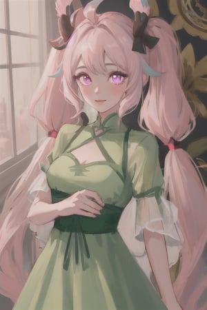 1girl,  High detailed,  masterpiece,  walpaper 8k,  8k,  very_long_hair,  very detail,  4k,  illumination,  best quality,  best illumination,Shion face,pink hair, light pink eyes, two pigtails in her hair, luxurious green dress