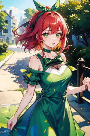 (masterpiece,  best quality,  highres:1.3),  ultra resolution image,  (1Girl),  (solo),  light red hair, light green eyes, fluffy dress, a green bow behind her head, green dress, many tree leaves in the background, you can see her shoulders, green choker with a green bow, short_hair, that only the chest can be seen from the head, holding hands