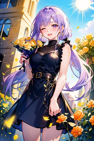 (masterpiece,  best quality,  highres:1.3),  ultra resolution image,  (1Girl),  (solo),  light purple hair, casual clothes, perspective from below, yellow rose petals flying around, blushing, eyes closed, happy, shining sun, a bouquet of flowers and yellow roses in her hands, a field in the background