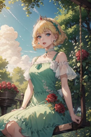 (Masterpiece),  (Best Quality),  (Official Art,  Highly detailed CG unity 8k wallpaper),  (Very detailed),  (((absurdes)),  1 Girl,  Midshot,  (exquisite facial features),  (album cover),  large hair,  light_yellow_hair,  light_blue_eyes, roses in her hair, pearls in her hair, a pastel green choker with a bow, pastel green princess dress with pearls and roses on the dress, in one of her arms a bouquet of beautiful flowers, sitting on a rose swing,pastelbg