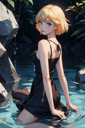 (masterpiece,  best quality,  highres:1.3),  ultra resolution image,  (1girl),  (solo), light yellow hair, light blue eyes, black dress, short_hair, very short brown top, water around