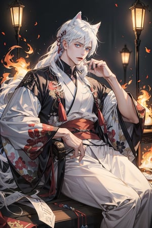 Tomoe, (masterpiece,  best quality,  highres:1.3),  ultra resolution image,  (1Men),  (solo),  ligth white hair,  very_long_hair,  light_blue_eyes, cat_ears, lamps odon, fatuo fire, 