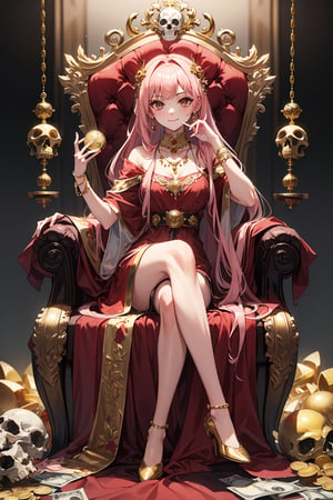  (masterpiece,  best quality,  highres:1.3),  ultra resolution image,  (1Girl),  (solo),  light pink hair,  very_long_hair,  light_brown_eyes, fluffy dress, necklace with jewels around her neck, holding a handful of jewels in one hand, a human skull in her other hand, gold coins and skulls in the background, sitting on a golden throne, crossing her legs, small smile, evil, red dress, put her hand up, stepping on a skull, by his feet jewels and gold coins and money