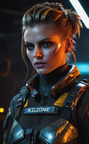 Close-up face shot, (Killzone game style), (hellgast style), a girl mechanic, nude, close-up face, detailed hair, holding a work tools, aesthetic body, detailed costume, dark noir, neon, best quality, 4K resolution, hellgast suit