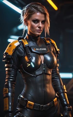 full body shot, (Killzone game style), (hellgast style), a girl mechanic, nude, close-up face, detailed hair, holding a work tools, aesthetic body, detailed costume, dark noir, neon, best quality, 4K resolution, hellgast suit