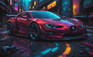cyberpunk, line art, cartoon style, tuned deep RED  sport car with graffiti, graffiti, need for speed underground style, posing for poster, black glass, radial symmetry car wheels, neon, disney cartoon network, cartoon network character, comic painting, bold lines, shallow depth of field detailed background, bokeh.