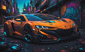 cyberpunk, line art, cartoon style, tuned orange  sport car with graffiti, graffiti, need for speed underground style, posing for poster, black glass, radial symmetry car wheels, neon, disney cartoon network, cartoon network character, comic painting, bold lines, shallow depth of field detailed background, bokeh.