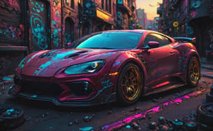cyberpunk, line art, cartoon style, tuned deep RED  sport car with graffiti, graffiti, need for speed underground style, posing for poster, black glass, radial symmetry car wheels, neon, disney cartoon network, cartoon network character, comic painting, bold lines, shallow depth of field detailed background, bokeh.