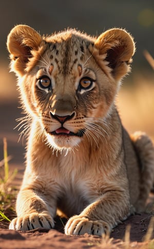 high perspective camera view, natural photo of a little lion cub, in african savanna, sunrise, sunny day, macro, soft warm lighting, soft shadows, dark noir, hyper detailed, (masterpiece, best quality:1.4), ultra realistic photography, sharp focus, shallow depth of field detailed background, ray tracing reflection, bokeh, art by unsplash, 16k