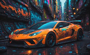 cyberpunk, line art, cartoon style, tuned orange  sport car with graffiti, graffiti, need for speed underground style, posing for poster, black glass, radial symmetry car wheels, neon, disney cartoon network, cartoon network character, comic painting, bold lines, shallow depth of field detailed background, bokeh.