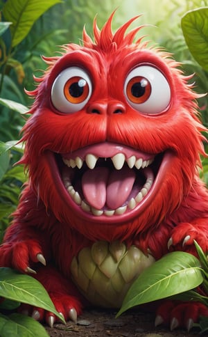 masterpiece, botanic art, illustration cute red monster cartoon character, botanical art book, plant, half-closed eyes, open mouth, tongue out, saliva, drooling, colorful, sharp focus, realistic masterpiece, high quality, shallow depth of field detailed background,