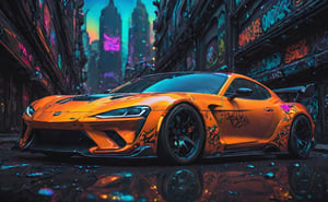 cyberpunk, line art, cartoon style, tuned orange  sport car with graffiti, graffiti, need for speed underground style, posing for poster, black glass, radial symmetry car wheels, neon, disney cartoon network, cartoon network character, comic painting, bold lines, shallow depth of field detailed background, bokeh.