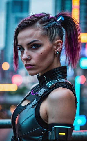 RAW photo, a Cyberpunk girl, sharp focus, depth of field city background, best quality, upper body, 16k resolution,