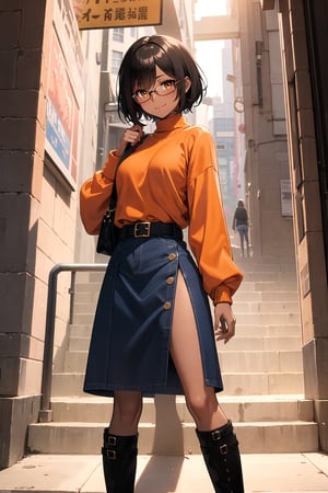 ((((masterpiece, best_quality)))), 1girl, narrow_waist, (((skin, dark_skin, dark-skinned_female))), breasts, flat_chest, hair, short_hair, black_hair, dark_hair, messy_hair, eyes, browneyes, light_brown_eyes, ((glasses, meganekko, black-framed_glasses)), ((sweater, sweater_dress, orange_sweater)), skirt, denim_skirt, blue_skirt, boots, thigh_boots, black_footwear, belt, leather_belt, solo, solo_female, smile, light_smile