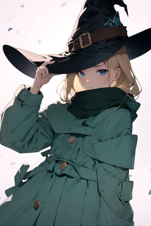 1girl, hat, blurry, blonde_hair, depth_of_field, solo, long_hair, blurry_foreground, witch_hat, scarf, standing, coat, black_headwear, blurry_background, long_sleeves, floating, basic_background, white_background 