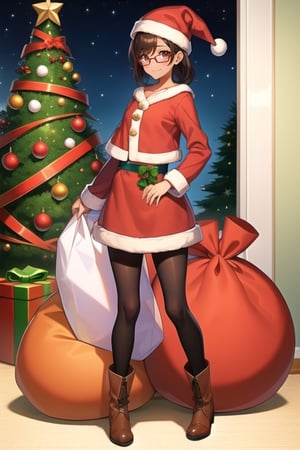 1girl, toned, narrow_waist, ((brown_skin)), hair, black_hair, short_hair, (messy_hair), eyes, light_brown_hair, merry_christmas, present, presents, childs, smile, light_smile, boots, christmas, christmas_present, jacket, pantyhose, skirt, older_female, santa_hat, christmas_hat, xmas_hat, santa_costume, sack, holding_sack, older_male, tall, glass, ((((meganekko))))