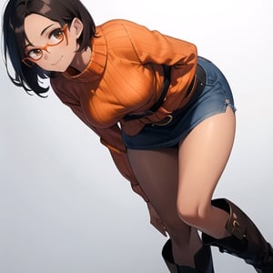 ((((masterpiece, best_quality)))), 1girl, narrow_waist, (((skin, dark_skin, dark-skinned_female))), breasts, flat_chest, hair, short_hair, black_hair, dark_hair, messy_hair, eyes, browneyes, light_brown_eyes, ((glasses, meganekko, black-framed_glasses)), ((sweater, sweater_dress, orange_sweater)), skirt, denim_skirt, blue_skirt, boots, thigh_boots, black_footwear, belt, leather_belt, solo, solo_female, smile, light_smile