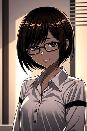 1girl,  ((((skin, brown_skin)))), (((breasts, small_breasts))), glasses, solo, shirt, white_shirt, upper_body, black_hair, smile, manly, closed_mouth, looking_at_viewer, striped, simple_background, collared_shirt, stubble, long_sleeves, black_eyes, vertical_stripes, black-framed_eyewear, white_background, light, brown_eyes, photo, bangs, collarbone, grey_background, backlighting, brown_hair, sketch, blinds, dress_shirt, eyebrows, facing_viewer, striped_background, open_clothes, closed_eyes, looking_to_the_side, wing_collar, indoors, lips, sunlight, grey_eyes, solo, solo_female,<lora:659111690174031528:1.0>