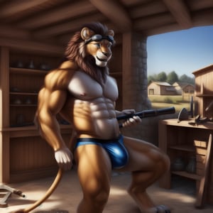 full_body, male, lion, blue_eyes ,slim, nipples, areola, large nipples, pecs, large pecs, expre, facial_expressions, (, goggles, blacksmithing, underwear, underwear_bulge, hammering, forge, anvil, forge,), nippes, pink nipples, blacksmithing ,village, nordic village, open_room ,fantasy, detailed background, realistic, photorealistic, ultra realistic, 8k, realistic, every detail of this beautiful, insanely detailed, detailed background, , beautiful, detailed intricate, ultra realistic,perfecteyes,nj5furry,FurryCore