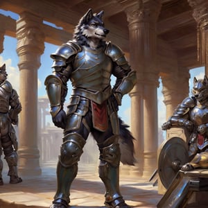 (by taran fiddler), (by darkgem:0.8), (by chunie:1), (((( male, male focus )))), ((((,wolf, solo, 1boy:1.2 )))), (((( muscle:1.3)))),  (((,imperial armor, armor, praetorian armor, bufa, breastplate, thighguards, knee pads, steel plate armor:1.4 ))), (((( pose, standing, posing:1.1)))), ((( indoor, temple, roman palace, fantasy ))), 