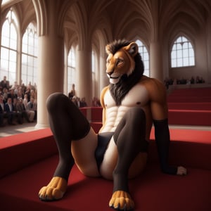 fantasy ,Full body, male ,anhtro , lion , paws ,Skinny body ,( femboy outfits, black panties ,black arm_warmers ,lingeries), niples, male_nipples ,shy, shy_expresion, blushing, sexy pose , castle ,interior of a castle, audience, audience, public, public reacts, full of anhtro people ,hyper realistic fur, natural fur, detailed fur, inner ear fluff, neck tuft, chest tuft, hindpaw,realistic fur ,fluffy ,realistic, photorealistic, every detail of this beautiful, insanely detailed, detailed background, insanely detailed, perfect composition, beautiful, detailed intricate, ultra realistic, 8k.