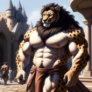 full_body, male, cheetah, bodybuild, big_muscle, large_muscles, nipples, areola, large nipples, pecs, large pecs,( dress, bare_pecs, bare_pectorals, bare_chest, lioncloth) , curly_hair, longhair, nippes, pink nipples, natural fur, inner ear fluff, neck tuft, chest tuft, hindpaw, fluffy, detailed fur, castle, public, audience, spectators, , fantasy, building , detailed background, realistic, photorealistic, ultra realistic, 8k, realistic, every detail of this beautiful, insanely detailed, detailed background, , beautiful, detailed intricate, ultra realistic. 5_figner,