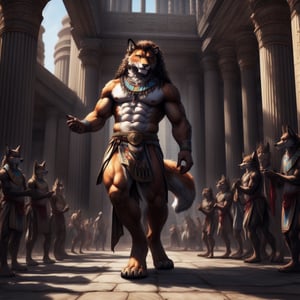 full_body, anthro, male, (fox, dress, egyptian_dress, bare_pecs, bare_pectorals, bare_chest, lioncloth) , dance, dancing, curly_hair, longhair, nippes, pink nipples, natural fur, inner ear fluff, neck tuft, chest tuft, hindpaw, fluffy, castle, throne room, public, audience, spectators, , fantasy, building, ( anthro furry people walk) , detailed background, realistic, photorealistic, ultra realistic, 8k, realistic, Full body, every detail of this beautiful, insanely detailed, detailed background, , beautiful, detailed intricate, ultra realistic.,perfecteyes