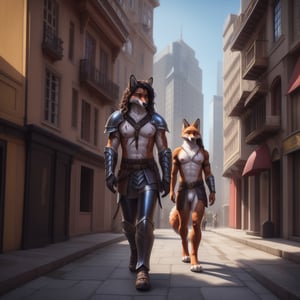 full_body , anthro, male .scar, body scars , fox,  armor, leather_armor, bare_shoulders, bare_pecs, bare_pectorals, bare_chest, walking,curly_hair, longhair, nippes, pink nipples, natural fur, inner ear fluff, neck tuft, chest tuft, hindpaw, fluffy,  city, people walking, fantasy, building, ( anthro furry people walk) ,detailed background, realistic, photorealistic, ultra realistic, 8k, realistic, Full body, every detail of this beautiful, insanely detailed, detailed background, , beautiful, detailed intricate, ultra realistic.