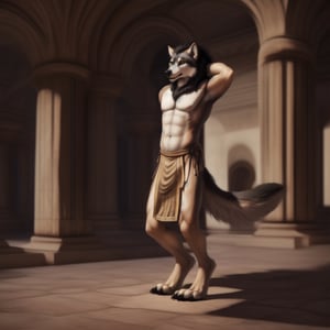 full_body, anthro, male, wolf, (wolf, dress, egyptian_dress, bare_pecs, bare_pectorals, bare_chest, lioncloth) ,dance, dancing, curly_hair, longhair, nippes, pink nipples, natural fur, inner ear fluff, neck tuft, chest tuft, hindpaw, fluffy, detailed fur, castle, throne room, public, audience, spectators, , fantasy, building, ( anthro furry people walk) , detailed background, realistic, photorealistic, ultra realistic, 8k, realistic, Full body, every detail of this beautiful, insanely detailed, detailed background, , beautiful, detailed intricate, ultra realistic.,perfecteyes, 5_figner, 