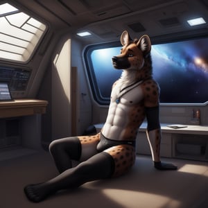 cyber punk ,Full body, male, solo ,anhtro , spotted_hyena_(species) , paws ,Skinny body ,( femboy outfits, open large black Socks, black panties ,black arm_warmers ,lingeries), niples, male_nipples ,shy, shy_expresion, blushing, sexy pose ,space station, background window space ,room decoration, wall decoration ,hyper realistic fur, natural fur, detailed fur, inner ear fluff, neck tuft, chest tuft, hindpaw,realistic fur ,fluffy ,realistic, photorealistic, every detail of this beautiful, insanely detailed, detailed background, insanely detailed, perfect composition, beautiful, detailed intricate, ultra realistic, 8k.