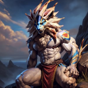 (male:1.9), male focus, high_res, high_resolution, anthropomorphic, masterpiece, highres, best quality, hd, 4k, 8k, (solo), ((Solgaleo:1.9)), (muscle, abs), (detailed fluffy fur, detailed fur texture:1.3), (fantasy), (loincloth, tunic:1.6), (sitting on an rock:1.3), ((detailed face, (detailed eyes:1.0), detailed)), good anatomy, detailed face, (by taran fiddler), by snowskau, by honovy, by michael & inessa garmash, by pino daeni, by kiguri, by alena aenami, by kiguri, by alena aenami, by ruan jia, 