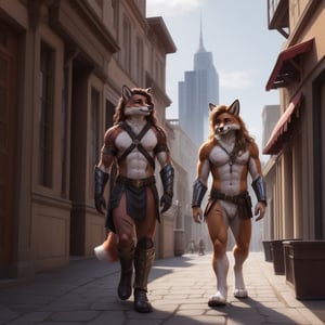 full_body , anthro, male .scar, body scars , fox,  armor, leather_armor, bare_shoulders, bare_pecs, bare_pectorals, bare_chest, walking,curly_hair, longhair, nippes, pink nipples, natural fur, inner ear fluff, neck tuft, chest tuft, hindpaw, fluffy,  city, fantasy, building, ( anthro furry people walk) ,detailed background, realistic, photorealistic, ultra realistic, 8k, realistic, Full body, every detail of this beautiful, insanely detailed, detailed background, , beautiful, detailed intricate, ultra realistic.