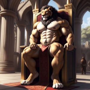 full_body, black_panther, male, anthro_feline, bodybuild, big_muscle, large_muscles,cat_eyes, nipples, areola, large nipples, pecs, large pecs,(lion, dress, bare_pecs, bare_pectorals, bare_chest, lioncloth) , curly_hair, longhair, nippes, pink nipples, natural fur, inner ear fluff, neck tuft, chest tuft, hindpaw, fluffy, detailed fur, castle, throne room, public, audience, spectators, , fantasy, building , detailed background, realistic, photorealistic, ultra realistic, 8k, realistic, every detail of this beautiful, insanely detailed, detailed background, , beautiful, detailed intricate, ultra realistic. 5_figner,