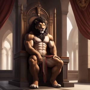 full_body, black_panther, male, anthro_feline, bodybuild, big_muscle, large_muscles,cat_eyes,(lion, dress, bare_pecs, bare_pectorals, bare_chest, lioncloth) , curly_hair, longhair, nippes, pink nipples, natural fur, inner ear fluff, neck tuft, chest tuft, hindpaw, fluffy, detailed fur, castle, throne room, public, audience, spectators, , fantasy, building , detailed background, realistic, photorealistic, ultra realistic, 8k, realistic, every detail of this beautiful, insanely detailed, detailed background, , beautiful, detailed intricate, ultra realistic. 5_figner,