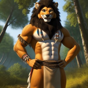 full_body, anhtro, male, fox, (lioncloth, tribal accessories, tribal piercing), hands_on_hips, smile, smiling, dagger on hip, hyper realistic fur, natural fur, detailed fur, fluffy, forest, trees, tribal village background, complex_background, complicated_background, detaled_background, 8k