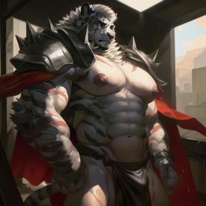 portrait, (male:1.9), male focus, high_res, high_resolution, full body, anthropomorphic, ((mountain (arknights))), tiger, (muscle, areola, abs:1.8) ,(arms crossed:1.5), (loincloth, cape, knuckles, shoulder pads:1.5), prison, cell, jail ,4k, HD, hyperrealistic, detailed background, photorealistic, (by tojo the thief, by Oouna, by honovy, By TheBigSlick, By phinnherz) ,masterpiece,highres,best quality