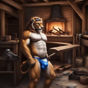 full_body, male, lion, blue_eyes ,slim, nipples, areola, large nipples, pecs, large pecs, expre, facial_expressions, (, goggles, blacksmithing, underwear, underwear_bulge, hammering, forge, anvil, forge,), nippes, pink nipples, blacksmithing ,village, nordic village, open_room ,fantasy, detailed background, realistic, photorealistic, ultra realistic, 8k, realistic, every detail of this beautiful, insanely detailed, detailed background, , beautiful, detailed intricate, ultra realistic,