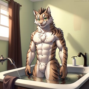 full_body, anhtro, male, yan shu chi, ( jock_strap), eyes, male_nipples, smile, smiling, (taking a bath), hyper realistic fur, natural fur, detailed fur, fluffy, bathroom, bathtub, curtains, sink, watering can, complex_background, complicated_background, detaled_background, 8k, from_below, by zackarry911, by zaush