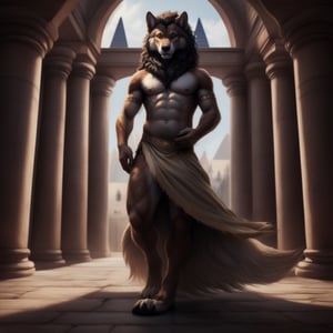 full_body, anthro, male, wolf, (wolf, dress, egyptian_dress, bare_pecs, bare_pectorals, bare_chest, lioncloth) ,dance, dancing, curly_hair, longhair, nippes, pink nipples, natural fur, inner ear fluff, neck tuft, chest tuft, hindpaw, fluffy, detailed fur, castle, throne room, public, audience, spectators, , fantasy, building, ( anthro furry people walk) , detailed background, realistic, photorealistic, ultra realistic, 8k, realistic, Full body, every detail of this beautiful, insanely detailed, detailed background, , beautiful, detailed intricate, ultra realistic.,perfecteyes, 5_figner, 