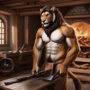 full_body, male, lion, blue_eyes ,muscles, nipples, areola, large nipples, expre, facial_expressions, (, goggles, blacksmithing, lioncloth, hammering, forge, anvil, forge,), nippes, pink nipples, blacksmithing ,village, nordic village, open_room ,fantasy, detailed background, realistic, photorealistic, ultra realistic, 8k, realistic, every detail of this beautiful, insanely detailed, detailed background, , beautiful, detailed intricate, ultra realistic,
