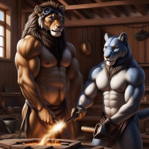 full_body, male, lion, blue_eyes ,muscle, nipples, areola, large nipples, pecs, large pecs, expre, facial_expressions, (, goggles, blacksmithing, blacksmith apron, hammering, forge, anvil, forge,), nippes, pink nipples, blacksmithing ,village, nordic village, open_room ,fantasy, detailed background, realistic, photorealistic, ultra realistic, 8k, realistic, every detail of this beautiful, insanely detailed, detailed background, , beautiful, detailed intricate, ultra realistic,perfecteyes,nj5furry,FurryCore
