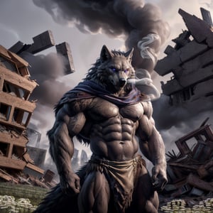 uploaded on e621,  high_resolution,  anthropomorphic,  masterpiece,  highres,  best quality,  hd,  4k,  8k,  (male, male focus:1.7) ((blaidd (elden ring)), anthro, wolf, detailed purple eyes, black body, black fur, topless, cape)), solo, solo focus (muscle, abs, navel:1.5),  (standing, looking_at_viewer, loincloth:1.5),  ((  outdoors, fantasy, destroyed city, ruined city, smoke coming out of buildings, meadow:1.8 )),  (by personalami,  by thebigslick,  by honovy,  by oouna), 