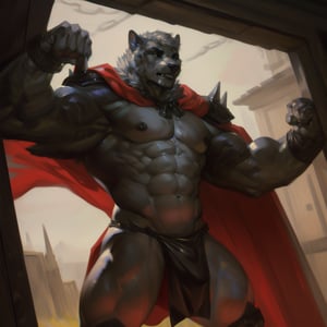 portrait, (male:1.9), male focus, high_res, high_resolution, full body, anthropomorphic, ((mountain (arknights))), (muscle, abs:1.8) ,(flexing his muscles, loincloth, cape, knuckles, shoulder pads:1.5), prison, cell, jail ,4k, HD, hyperrealistic, detailed background, photorealistic, (by tojo the thief, by Oouna, by honovy, By TheBigSlick, By phinnherz) ,masterpiece,highres,best quality