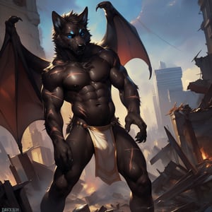 full body , male, anhtro,  wolf,(, blue iris, black sclera) ,black_fur, black skin, bat_wings ,(young, 10 years old, juvenile, adolescent, young age focus, child, underage,), eyes, detailed_eyes , hyper realistic fur, natural fur, detailed fur , (, loincloth , (medieval style, victorian style) ) , slim, slim body, male_nipples, crying, crying_with_eyes_open, sad_face, scars, body scars,, paws, claw, clawed_toes, city, destroyed city, in ruins, destroyed buildings, a Lovecraftian creature in the sky, corpses in the background, at night ,hyper realistic, realistic, photorealistic, insanely detailed, complex_background, complicated_background, detaled_background, insanely detailed, perfect composition, beautiful, detailed intricate, ultra realistic, 4k, 8k,  (by null-ghost, by thebigslick, (by darkgem, by honovy), 