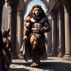 full_body, anthro, male, (fox, dress, egyptian_dress, bare_pecs, bare_pectorals, bare_chest, lioncloth) , dance, dancing, curly_hair, longhair, nippes, pink nipples, natural fur, inner ear fluff, neck tuft, chest tuft, hindpaw, fluffy, castle, throne room, public, audience, spectators, , fantasy, building, ( anthro furry people walk) , detailed background, realistic, photorealistic, ultra realistic, 8k, realistic, Full body, every detail of this beautiful, insanely detailed, detailed background, , beautiful, detailed intricate, ultra realistic.,perfecteyes