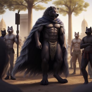 full body, anhtro, male, , standing, (blaidd (elden ring)), anthro, wolf, detailed purple eyes, black body, black fur, topless, cape, (lioncloth), paws, claw, clawed_toes, talking, talking,male_nipples, big_nipple, areola, big_areola, mexico, mexico city, mexican flag background, (people, full of people focus, audience),hyper realistic fur, natural fur, detailed fur, inner ear fluff, neck tuft, chest tuft, hindpaw,realistic fur ,fluffy ,realistic, photorealistic, every detail of this beautiful, insanely detailed, detailed background, insanely detailed, perfect composition, beautiful, detailed intricate, ultra realistic, 8k, 5_figner, tail