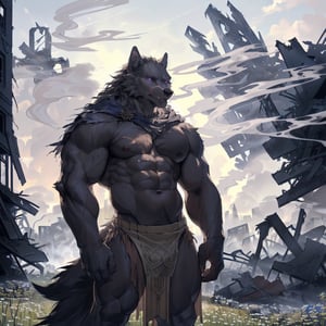 uploaded on e621,  high_resolution,  anthropomorphic,  masterpiece,  highres,  best quality,  hd,  4k,  8k,  (male, male focus:1.7) ((blaidd (elden ring)), anthro, wolf, detailed purple eyes, black body, black fur, topless, cape)), solo, solo focus (muscle, abs, navel:1.5),  (standing, looking_at_viewer, loincloth:1.5),  ((  outdoors, fantasy, destroyed city, ruined city, smoke coming out of buildings, meadow:1.8 )),  (by personalami,  by thebigslick,  by honovy,  by oouna), 